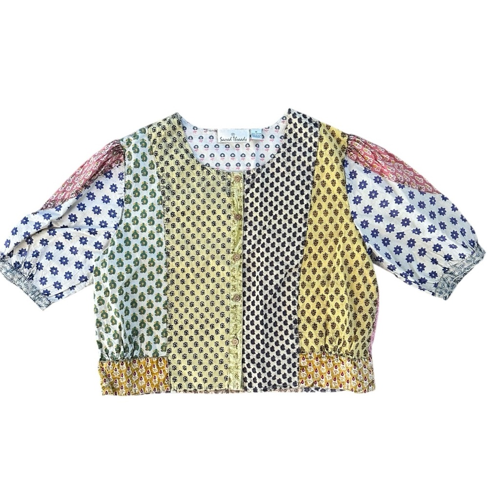 Sacred Threads Patchwork Paisley Floral Flower Leaf Leaves Print Button Top M